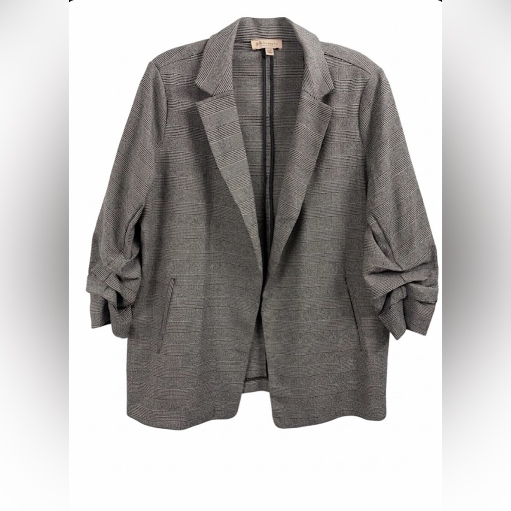 Philosophy Woman Glen Plaid Ruched 3/4 Sleeve Blazer Gray Plus 1X